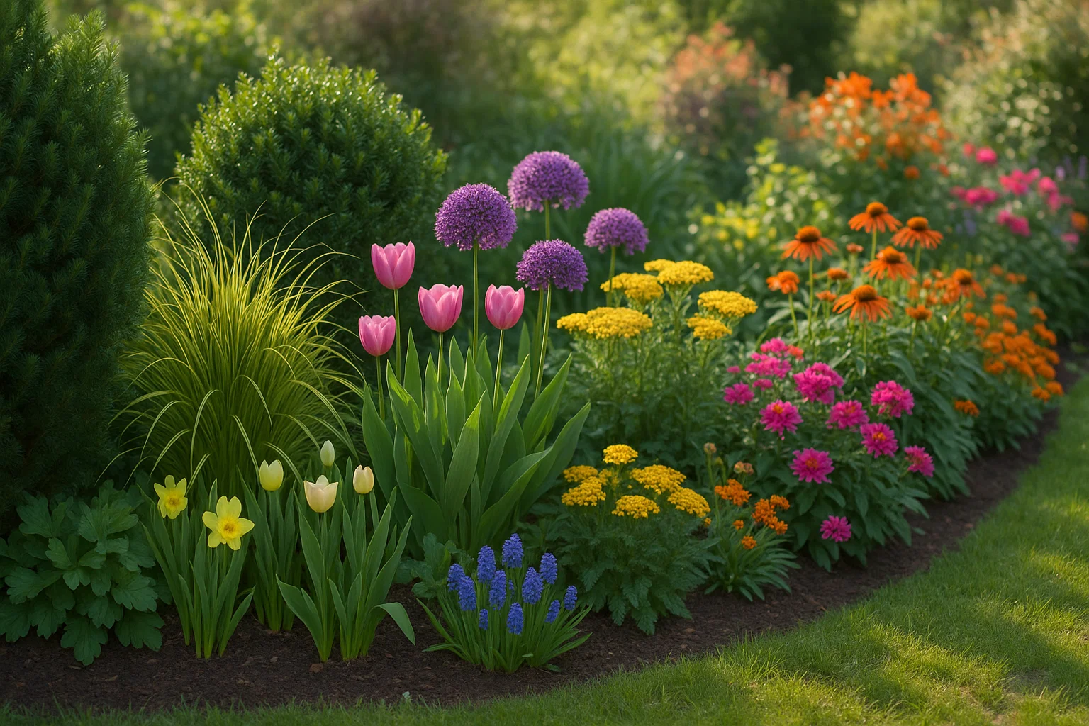 Garden planting plan combining evergreens, grasses, and seasonal flowers.