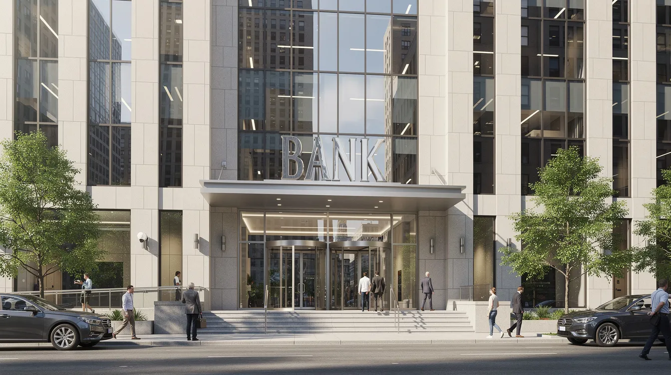 The image depicts a modern bank building with large glass windows and a prominent entrance, symbolizing financial institutions where individuals manage their bank accounts and address tax liabilities. It represents a place where taxpayers may seek assistance with issues like IRS bank levies and payment plans during significant financial hardship.