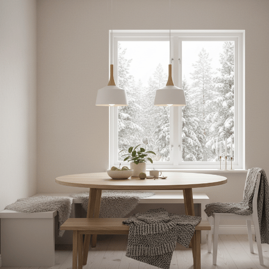 Pair of white pendant lights hanging above a dining table showcasing Scandinavian lighting ideas in a Nordic style home.