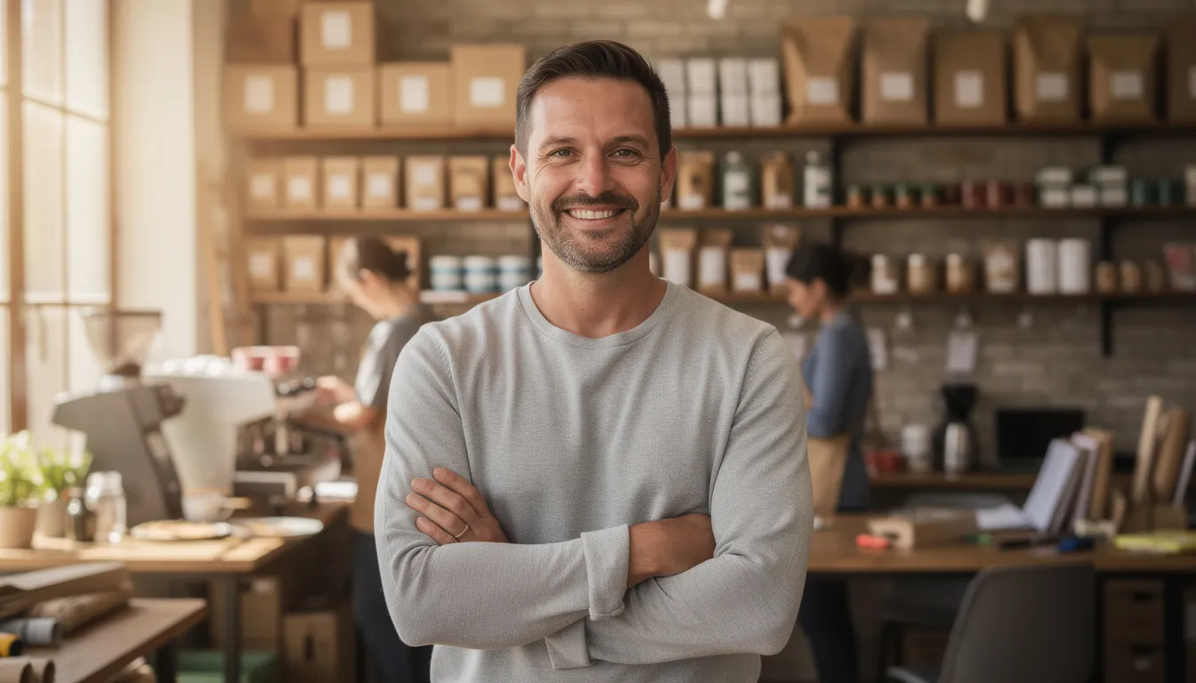 The image depicts a confident small business owner smiling proudly in their vibrant boutique, surrounded by products and signs of active business. The warm lighting creates an atmosphere of success and financial empowerment, reflecting the positive impact of securing flexible business funding.