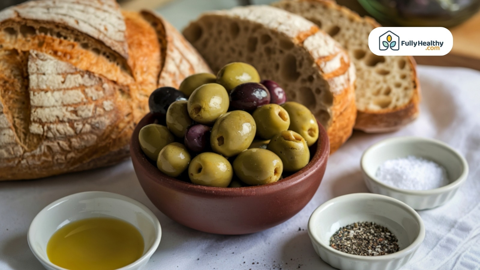 Bowl of mixed olives with bread olive oil salt and pepper