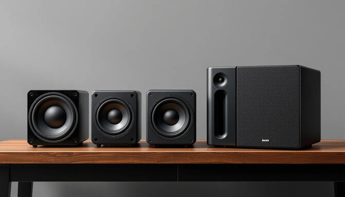 An assortment of high-quality subwoofers from reputable brands, including Planet Audio, Zed Audio, and JL, is displayed together, showcasing their sleek designs and robust build. The image highlights the importance of sound quality and personal preference in car audio systems, making it a great discussion starter for enthusiasts.