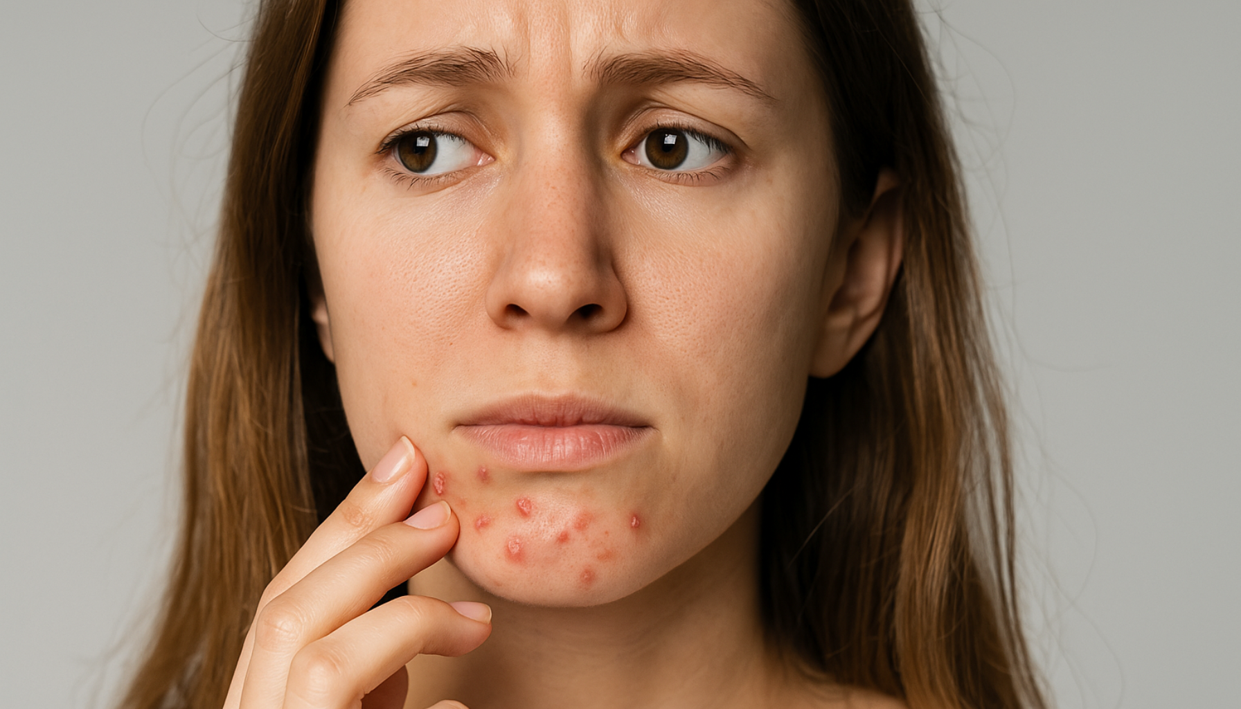 Ung kvinne med små røde kviser rundt munnen ser bekymret ut og berører haken forsiktig.