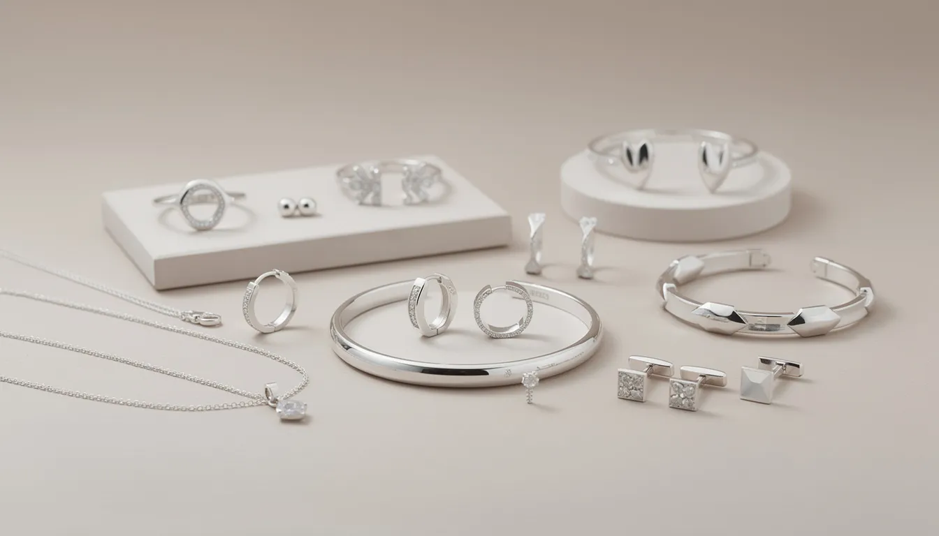 A stunning collection of sterling silver jewellery showcases a variety of pieces including necklaces, bracelets, earrings, and rings, each reflecting different styles from sleek everyday designs to bold statement items perfect for special occasions. The assortment features multi-colour options and intricate details, making it a treasure trove for anyone looking to enhance their outfit with elegant silver pieces.