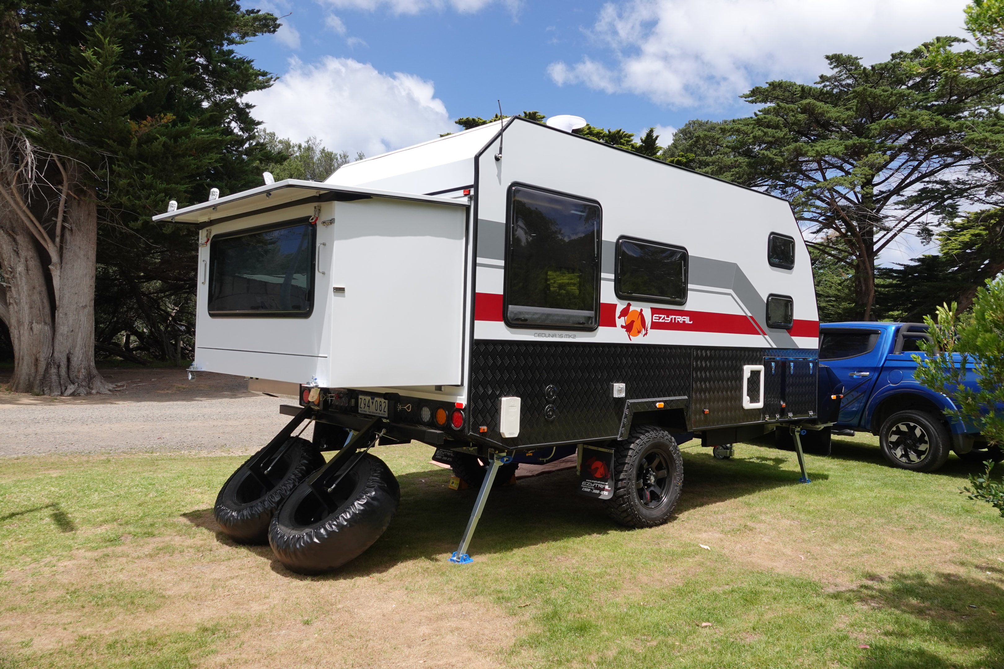 The bed extension provides king size north south sleeping when you fold down the two rear mounted spares.