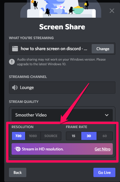 Picture illustrating Screen sharing resolution and frame rates on Discord
