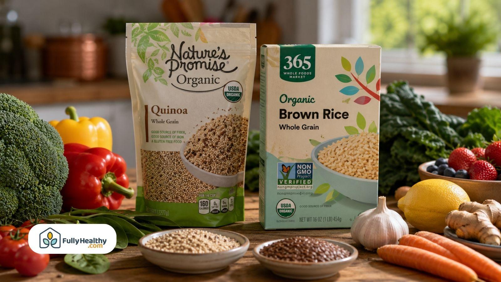 Organic quinoa and brown rice packages beside fresh vegetables with certification labels visible