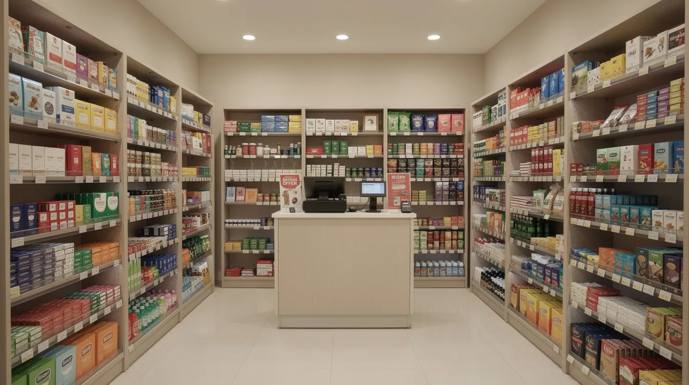 The image depicts a small retail shop featuring neatly organized shelves filled with various products and a billing counter at the front. This setup reflects a business environment where tax compliance and accurate invoice management are essential for maintaining cash flow and meeting tax liabilities.