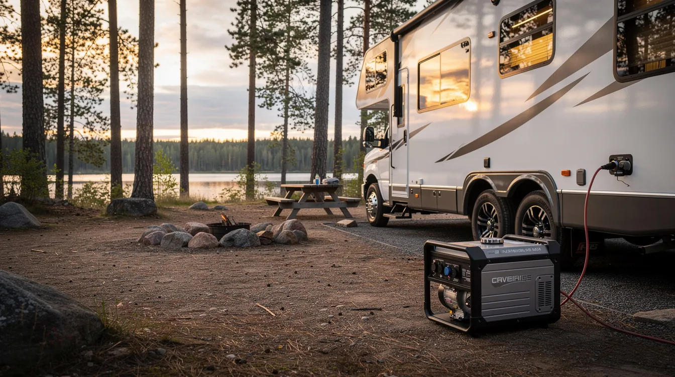 A portable generator is positioned next to an RV at a campsite, ready to supply power to the electrical system of the RV, which may include appliances like air conditioners and microwaves. This setup allows RV owners to ensure they have enough electricity for their camping trip, especially when relying on electrical devices that draw significant amperage.