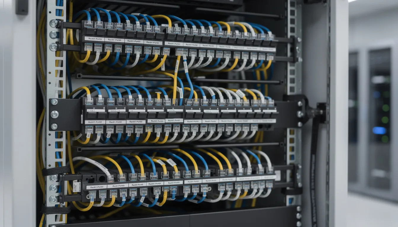 The image depicts a professional patch panel installation within a network cabinet, showcasing neatly labelled data cables organized for easy identification. This setup exemplifies structured cabling solutions that ensure reliable connectivity for both home and business environments.