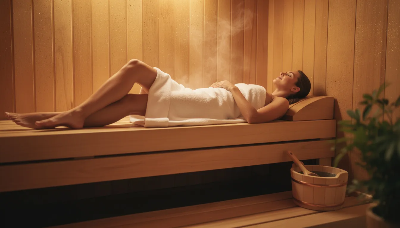 A person is peacefully relaxing on a wooden sauna bench with their eyes closed, surrounded by a serene atmosphere. The soothing aroma of essential oils, such as lavender and peppermint, enhances the calming effect of the sauna experience, promoting relaxation and well-being.