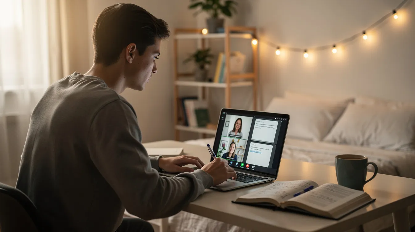 A full-time college student is studying online at home using a laptop, focusing on their coursework for a bachelor's degree program. The environment suggests a dedicated space for learning, highlighting the importance of higher education in achieving professional goals.