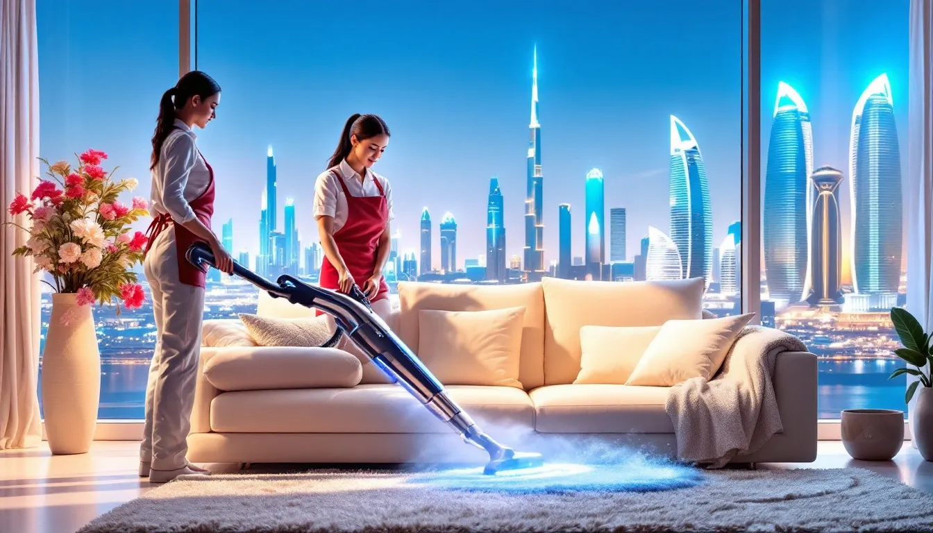 A professional cleaner using advanced equipment for sofa cleaning in Abu Dhabi.