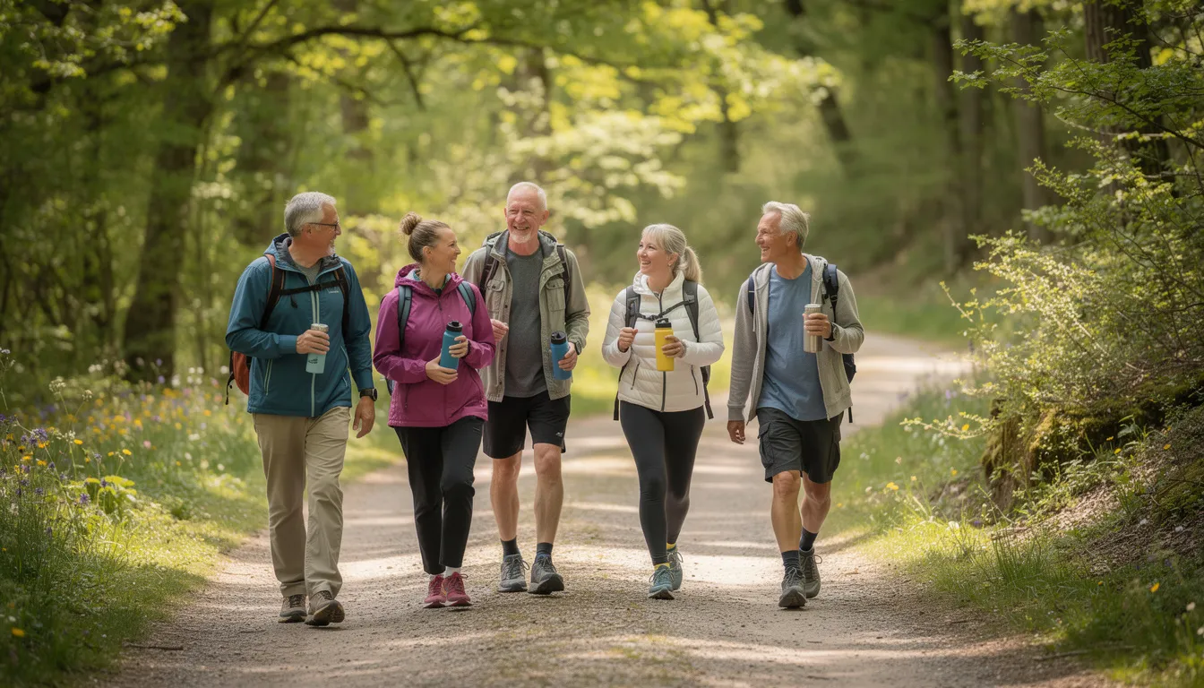 A group of middle-aged adults is walking together on a nature trail, showcasing an active lifestyle that contributes to healthy aging. Engaging in outdoor activities like this can help influence biological age positively, reducing the risk of chronic diseases and promoting overall well-being.