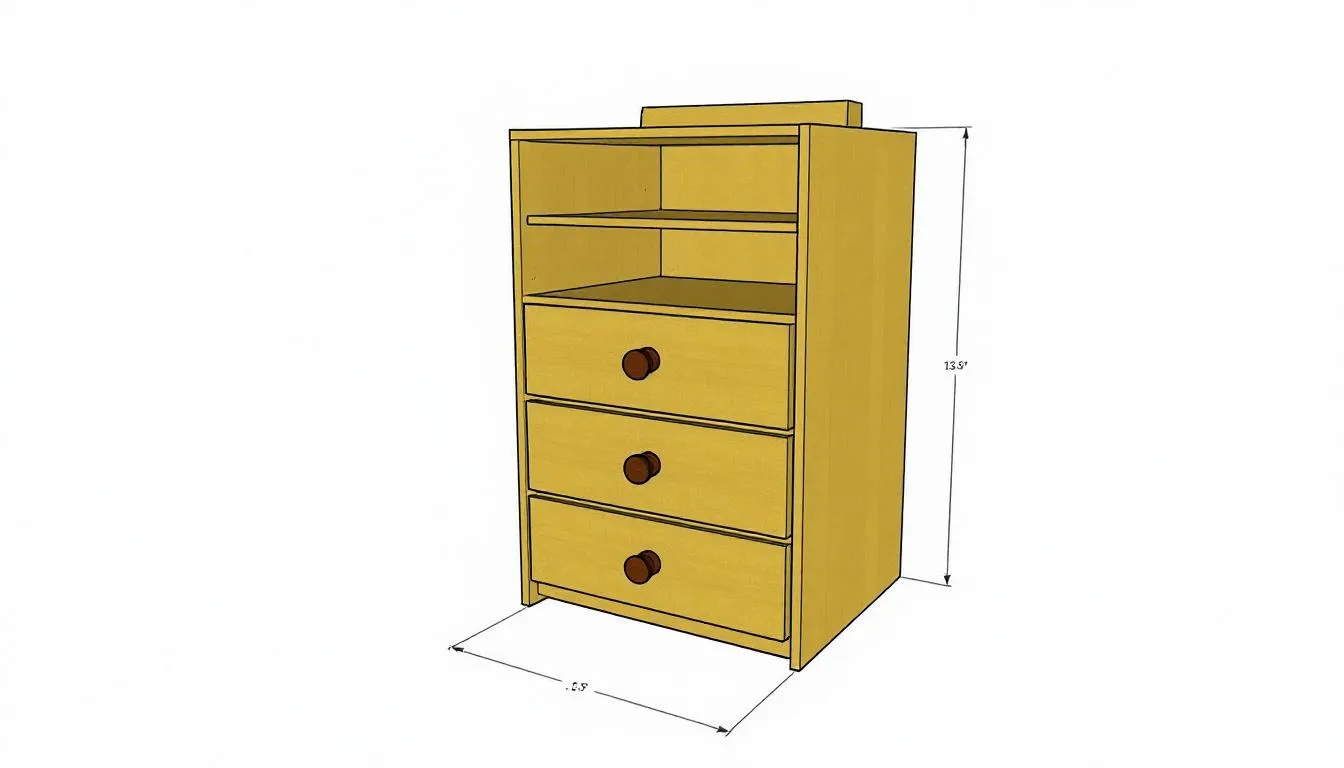 A DIY nightstand with shelves and drawers, highlighting its storage capacity.