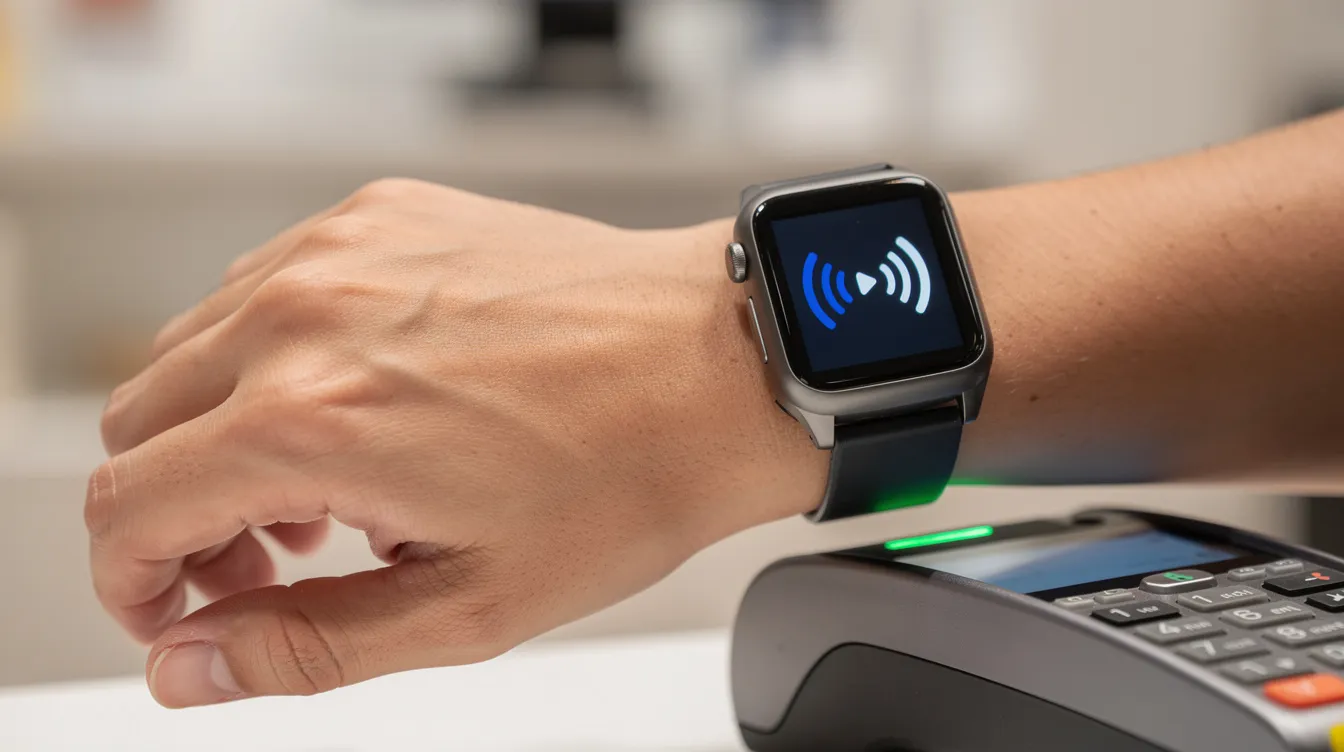 A close-up image shows a person's hand tapping a smartwatch against a payment terminal, demonstrating a seamless contactless payment method. This technology allows users to easily authorize transactions using their visa payment accounts, enhancing the convenience of mobile payments.