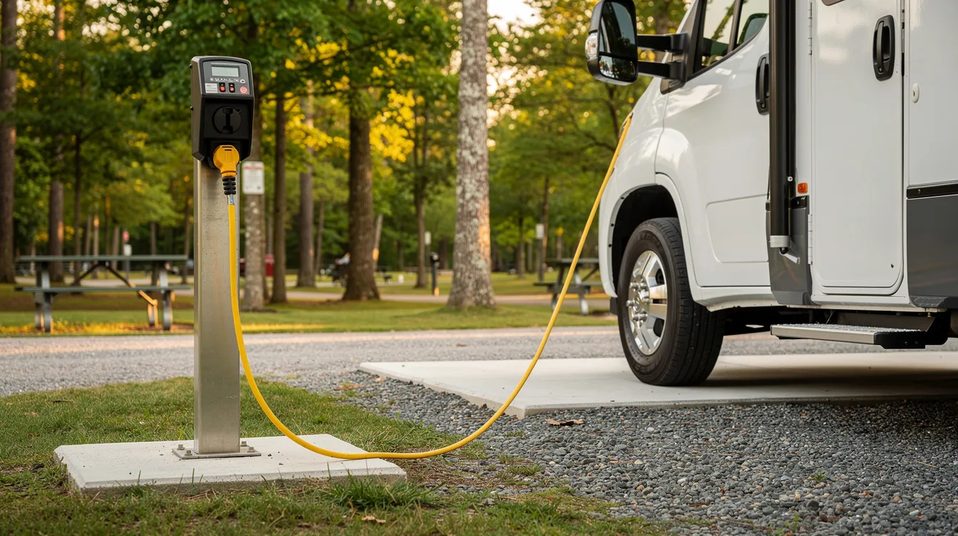 An RV is parked at a campsite, connected to an electrical pedestal through a surge protector, ensuring safe power supply to the AC unit. This setup helps prevent power surges that could lead to issues with the RV's air conditioning system, keeping it cool and comfortable.