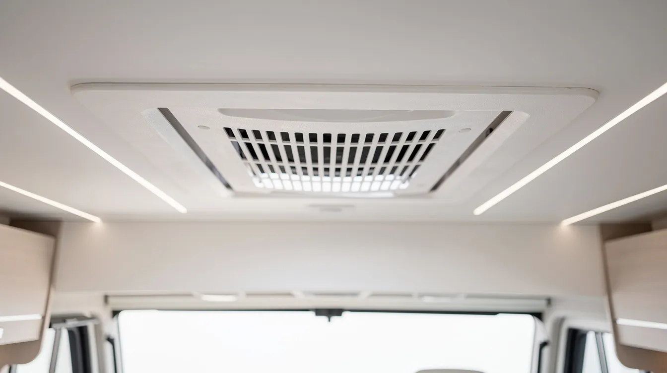 The image shows the interior of an RV featuring a ceiling vent grille recessed into sleek white paneling, designed for efficient air conditioning and cooling. This installation is essential for RV owners looking to stay cool during summer travel in warmer climates.