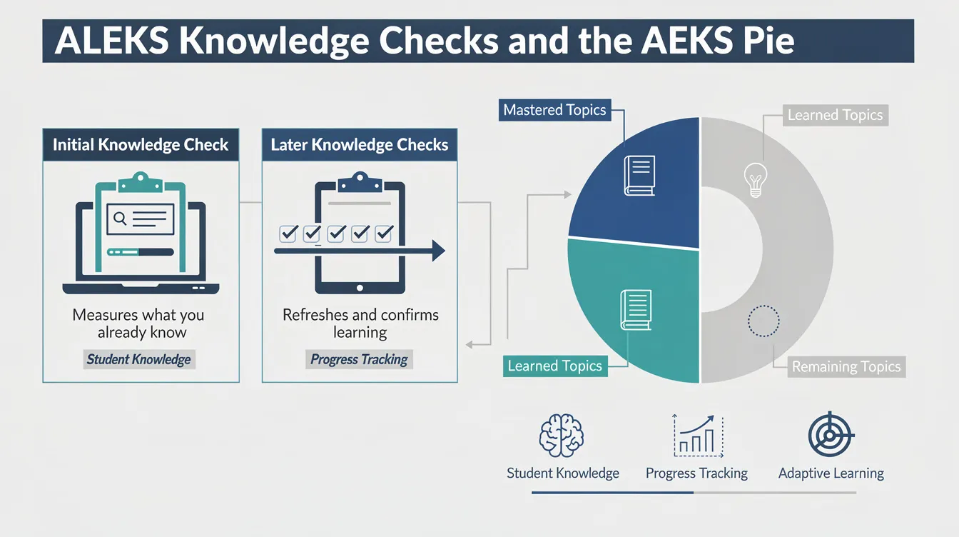The infographic illustrates the ALEKS knowledge checks and the ALEKS Pie, featuring an initial knowledge check, subsequent assessments, and a circular progress chart that categorizes mastered, learned, and remaining topics. It emphasizes student knowledge, progress tracking, and adaptive learning, providing a clear visual representation of ALEKS' approach to personalized education in subjects like math and chemistry.