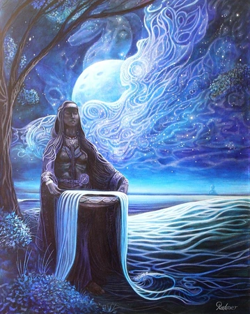 It is nighttime and clouds are rolling over the luminous moon as Goddess Danu sits at the river side. She is holding a shallow pan with water flowing into it from the river.