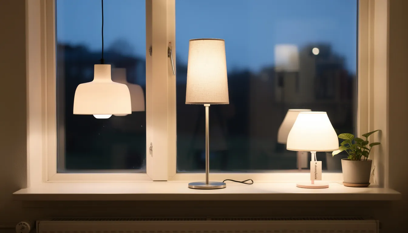 Tre olika fönsterlampor i rad: en hängande fönsterlampa, en stående lampa på fot och en bordslampa, alla med olika färger och material som skapar en mysig stämning i rummet. Lamporna visar på mångfalden av belysningsalternativ som passar perfekt vid fönstret.