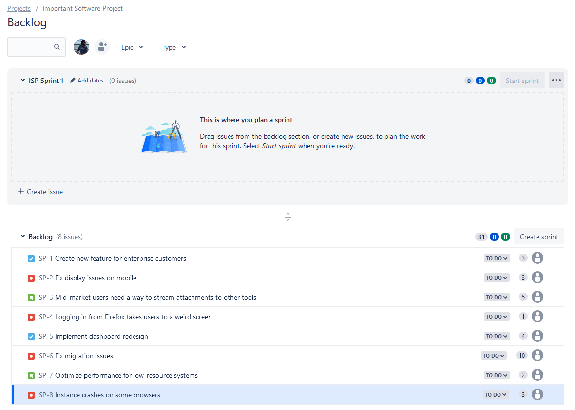A screenshot of an empty sprint in Jira.