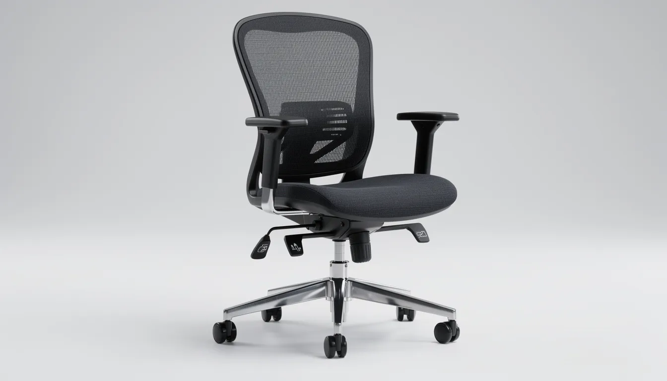 The image features a modern ergonomic office chair designed with a breathable mesh back and multiple adjustment levers for optimal comfort. This adjustable ergonomic office chair promotes good posture and proper lumbar support, making it ideal for prolonged sitting at a desk while working on a computer.