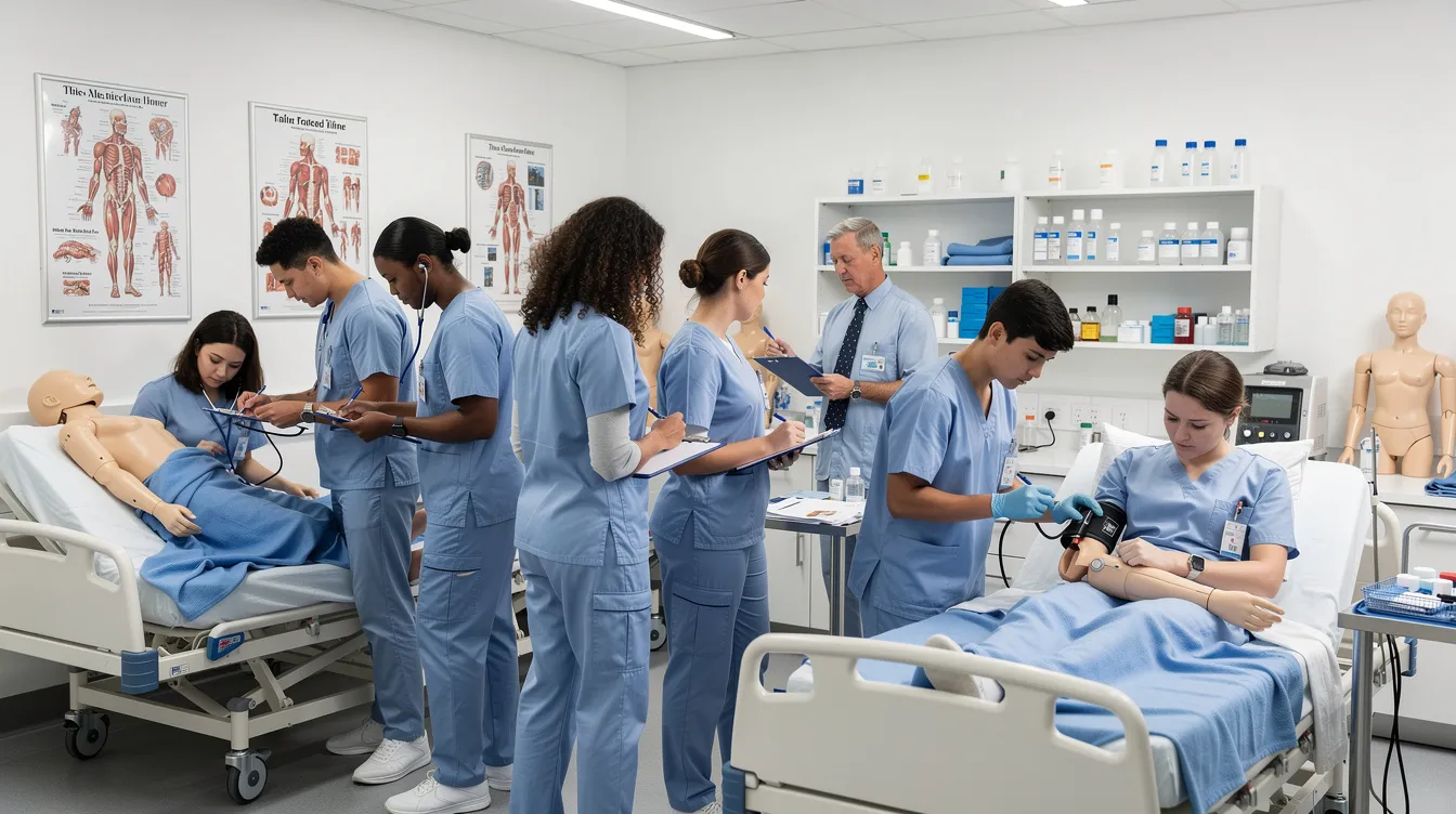 The image shows a diverse group of healthcare students in scrubs, engaged in hands-on practice within a classroom laboratory setting. They are preparing for their pharmacy technician certification exams, emphasizing patient safety and medication safety as they collaborate and learn in a supportive environment.