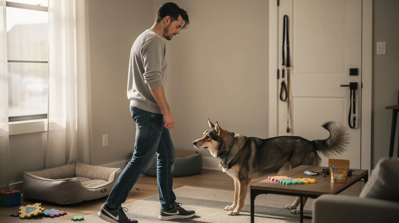 The image depicts a young dog closely following its owner around the house, showcasing the strong bond and pack mentality typical of domesticated dogs. This behavior highlights common challenges like separation anxiety and the need for constant companionship that many dog owners experience.