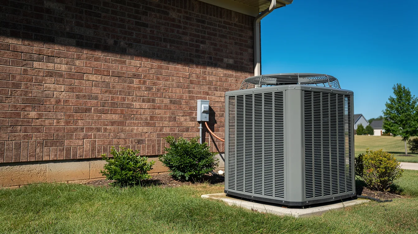The image depicts an outdoor residential air conditioning condenser unit positioned beside a brick home under a clear blue sky on a sunny day. This outdoor unit is an essential part of the HVAC system, responsible for dissipating warm air, and may require an evaporator coil replacement if it experiences issues like refrigerant leaks or high energy bills.