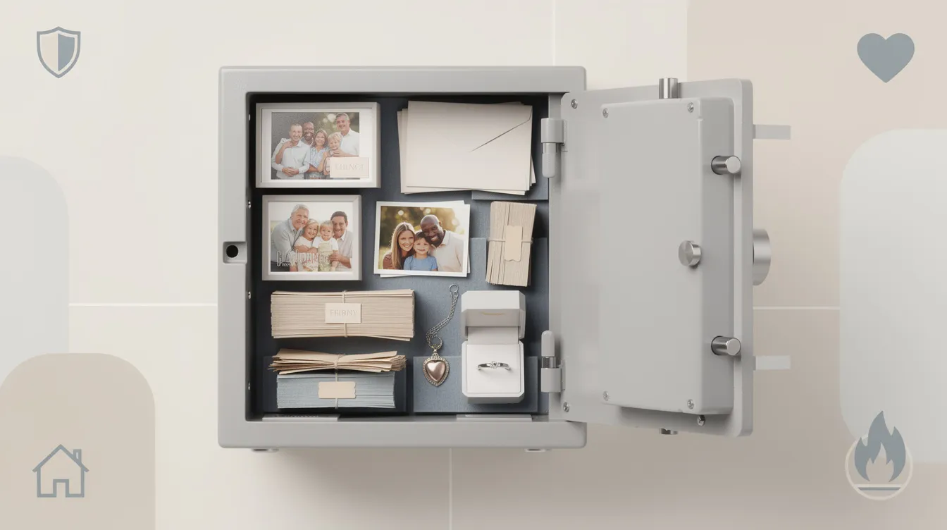Sentimental items like family photos and letters stored in a fireproof safe.