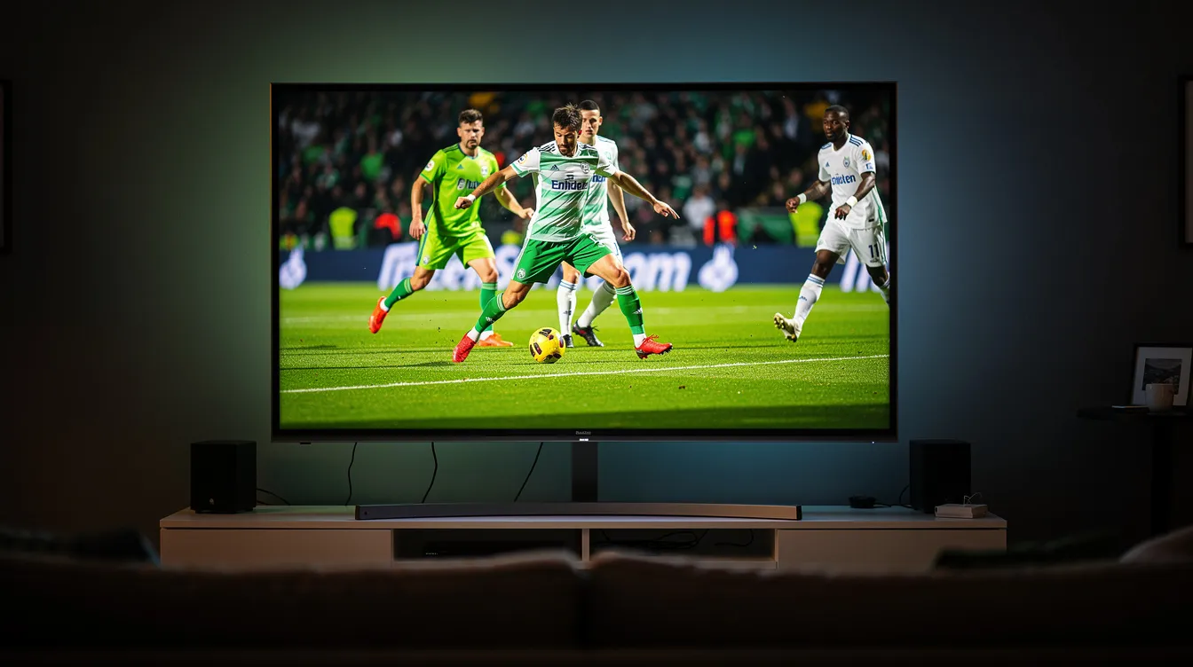 A close-up view of a large 4K television screen showcases a vibrant soccer match, illuminating a dim room with its high-quality picture. The scene captures the excitement of live sports, highlighting the immersive streaming experience offered by IPTV services.