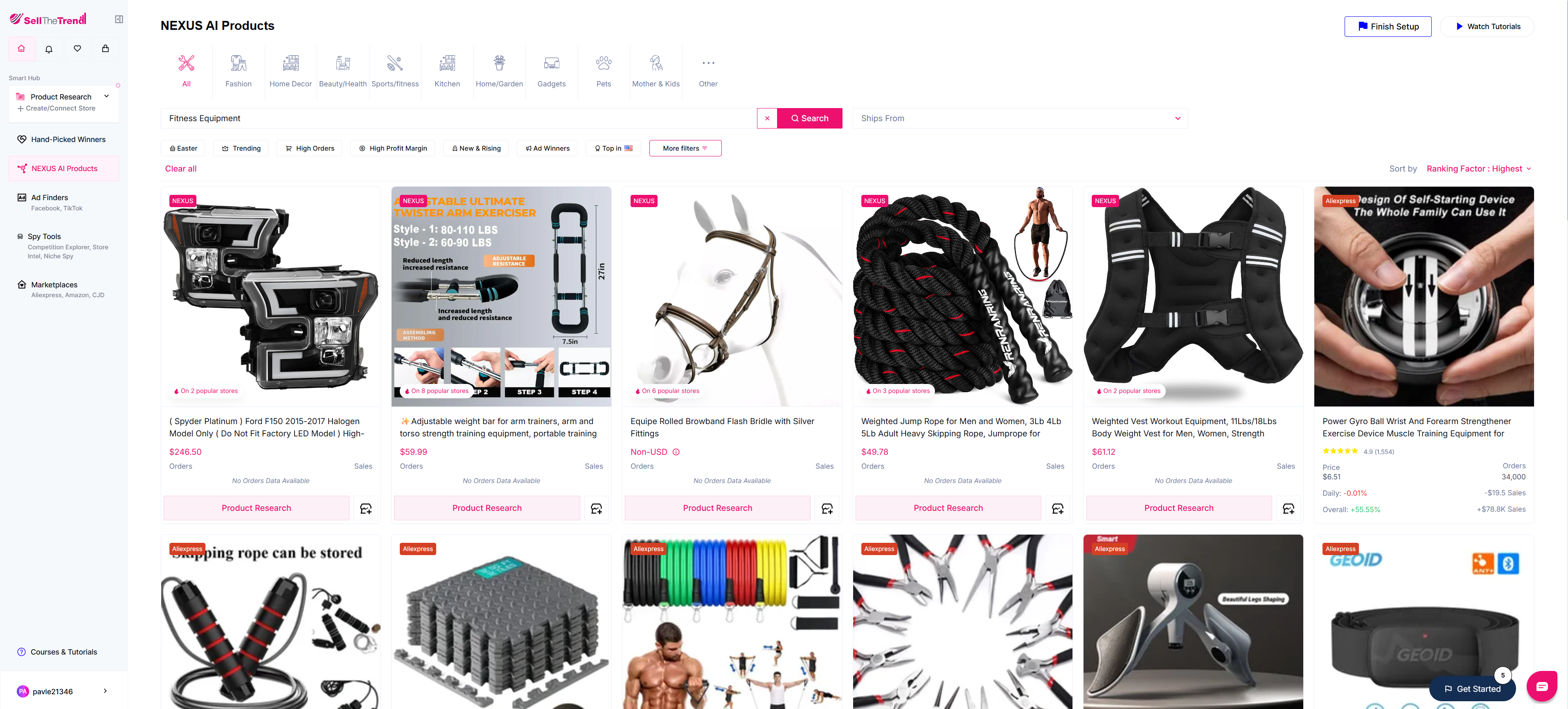 using sell the trend to find dropshipping products to sell in the fitness category