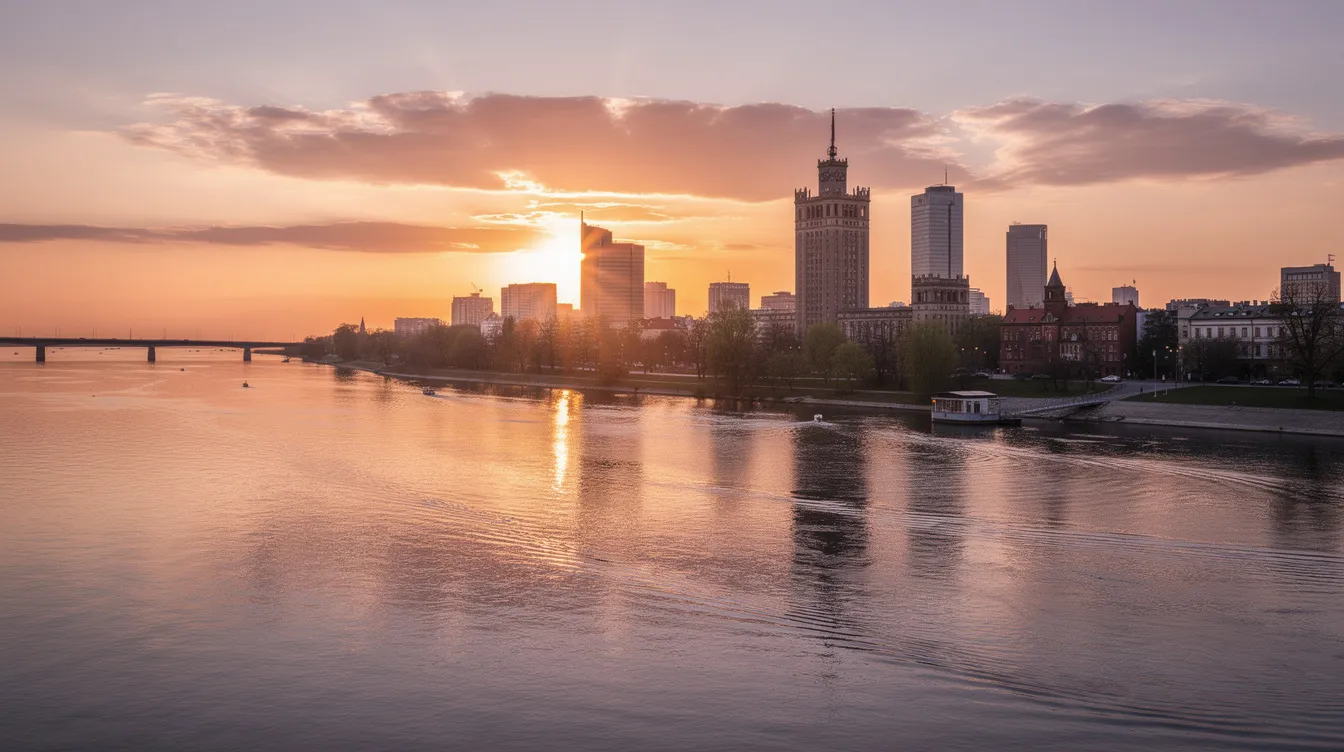 The image captures the stunning Warsaw skyline at sunset, with the Vistula River reflecting the warm hues of the sky. This beautiful view showcases the vibrant city of Warsaw, Poland, as the day transitions into night.