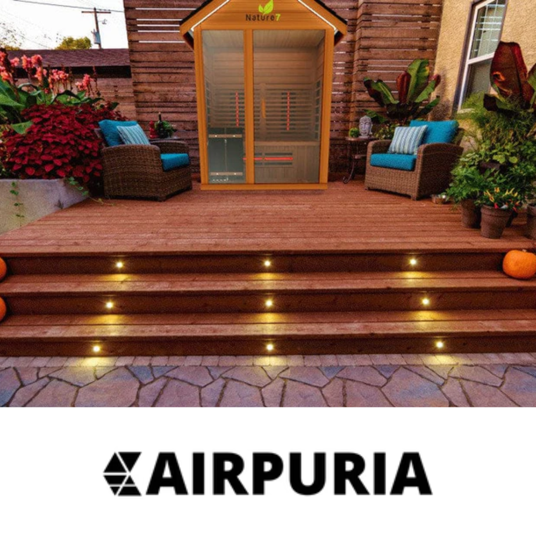 Image of an outdoor sauna with Airpuria's logo, indicating free shipping and quality customer service.