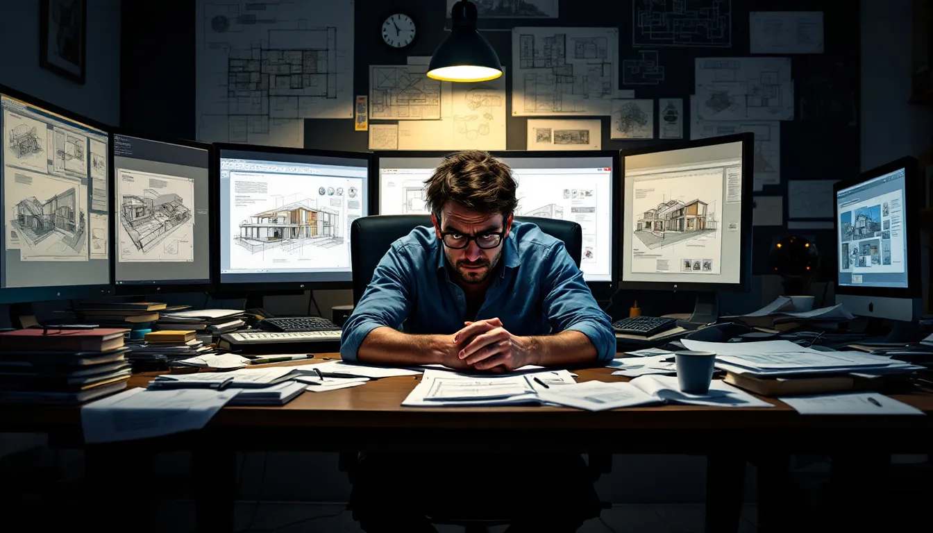 An exhausted architect sits at a cluttered desk late at night, surrounded by multiple monitors displaying design software, and papers scattered around, reflecting the stress and psychological distress associated with long hours and the challenges of achieving work-life balance in a demanding career. The scene captures the essence of burnout and the impact of high-pressure environments on mental health.