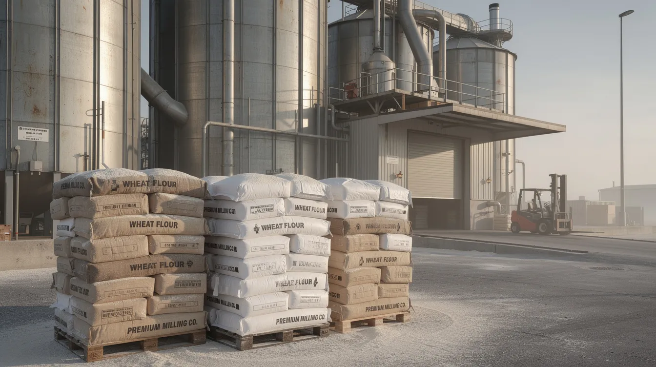 The image shows stacked bags of fresh flour outside an industrial wheat flour mill warehouse, highlighting the products of an automatic flour mill. These bags represent the quality and output of the atta chakki plant, showcasing the essential food products processed from grains like wheat.