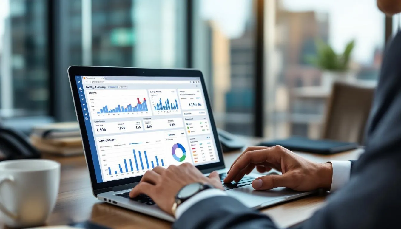 A hotel manager is focused on analyzing the performance of PPC campaigns on a laptop, with detailed booking data and revenue charts visible on the screen. This scene highlights the importance of hotel PPC management and online marketing strategies to maximize conversions and increase direct bookings.