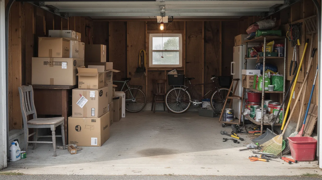 The image depicts a cluttered garage in Connecticut filled with boxes, old furniture, bicycles, and various tools, all awaiting junk removal. This space reflects the need for efficient and professional junk removal services to help homeowners clear out unwanted items and reclaim their space.