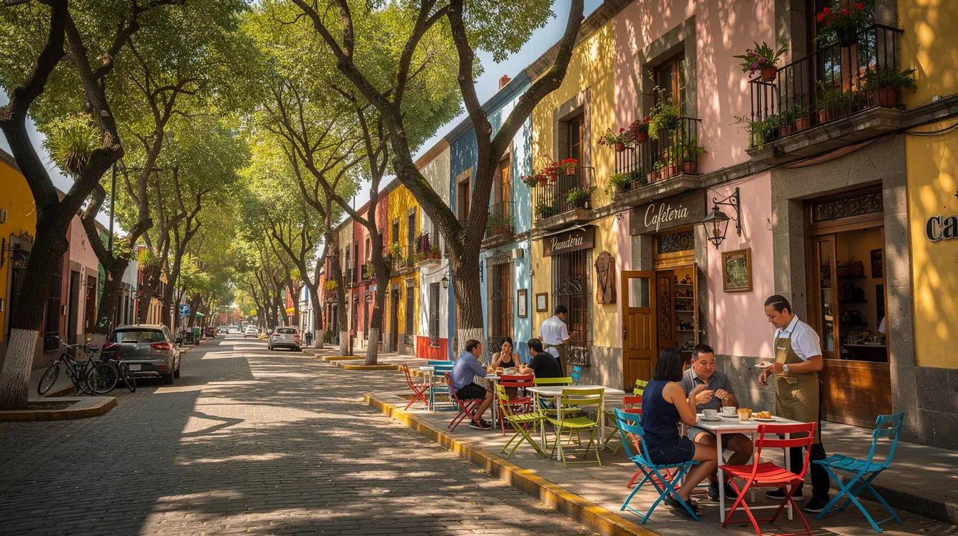 The image depicts a charming tree-lined street in a Mexico City neighborhood, featuring outdoor café tables where locals and international visitors enjoy their meals. This vibrant scene reflects the cultural richness of the city, making it a popular destination for tourists exploring the metropolitan area.