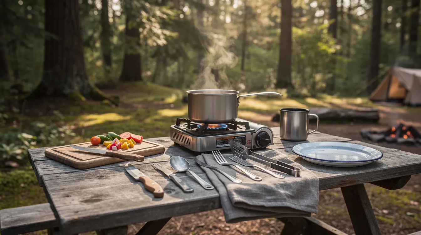 A compact outdoor camp kitchen is set up on a wooden picnic table at a forested campsite, featuring a camping stove, a pot, and various utensils like wooden spoons and measuring spoons, all neatly arranged for food prep during a camping trip. This setup highlights essential camping gear for cooking meals in nature.