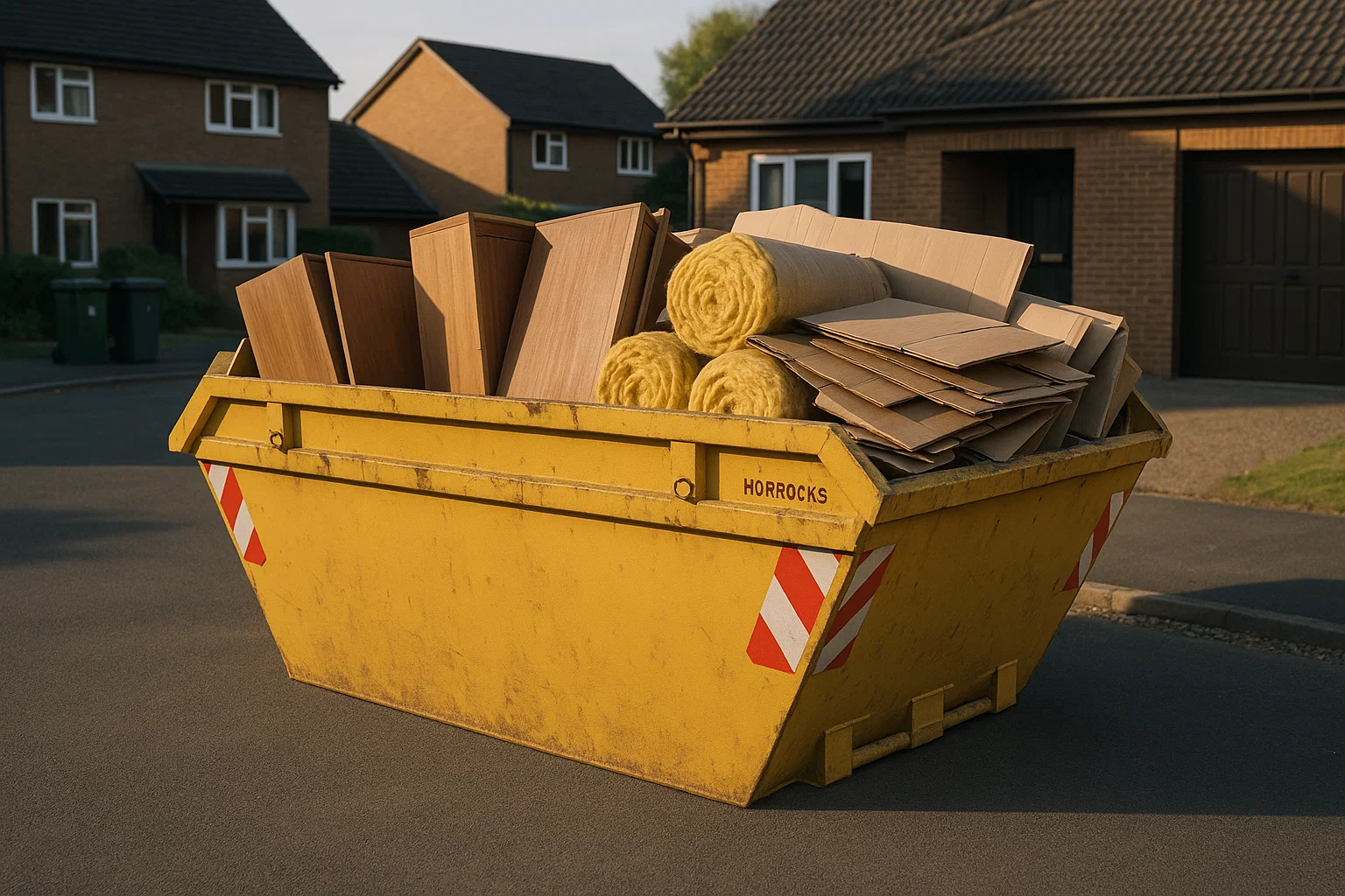Large 10–12 yard skip holding bulky lightweight waste such as furniture and insulation outside a UK home