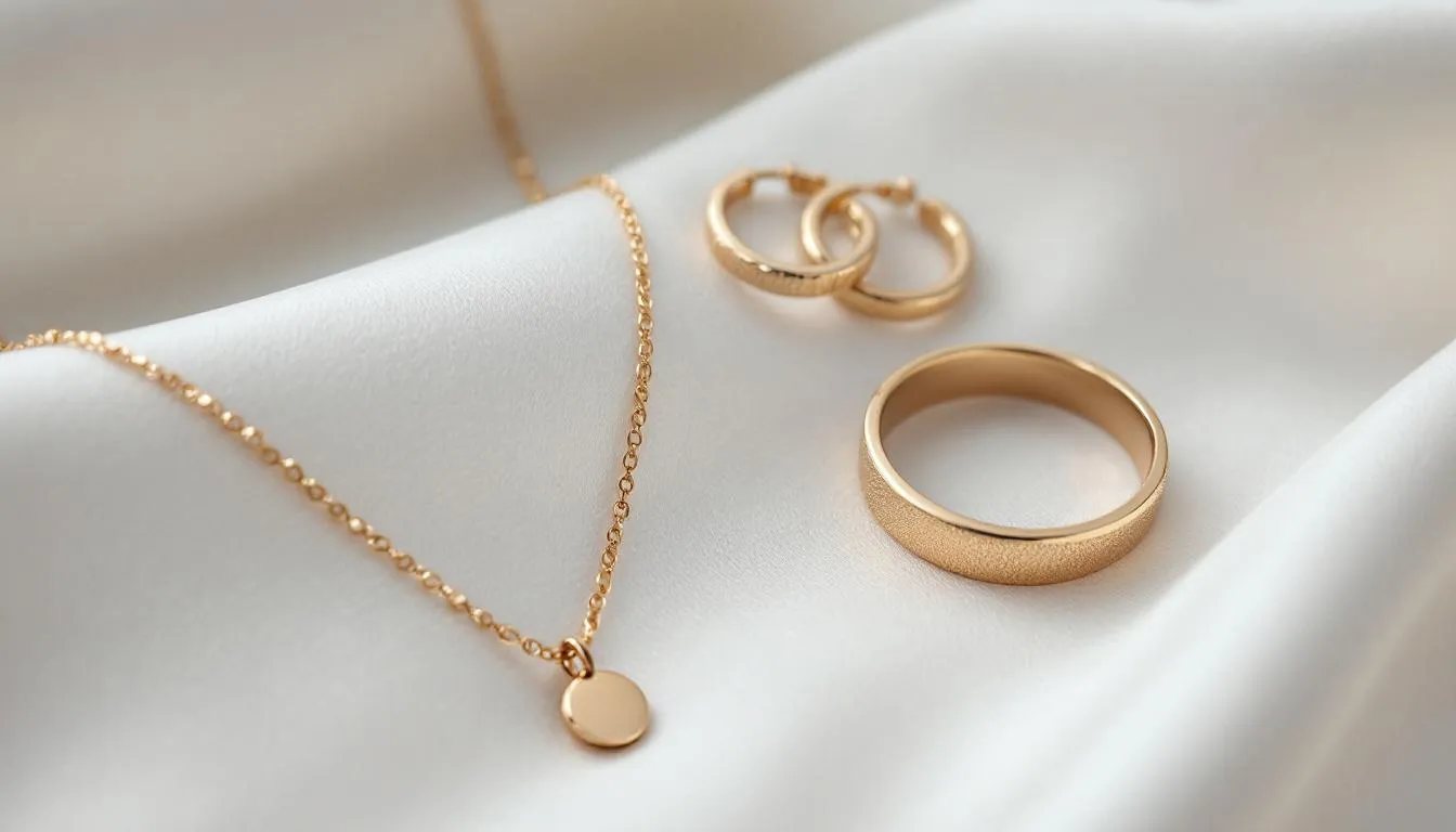 The image showcases a collection of gold toned jewellery, featuring pieces with a golden appearance made from plated options like gold filled and gold vermeil jewelry, layered over a base metal such as sterling silver or brass. These elegant items are perfect for everyday wear, offering style without the cost of solid gold, and are suitable for those with sensitive skin due to their thin layer of gold coating.