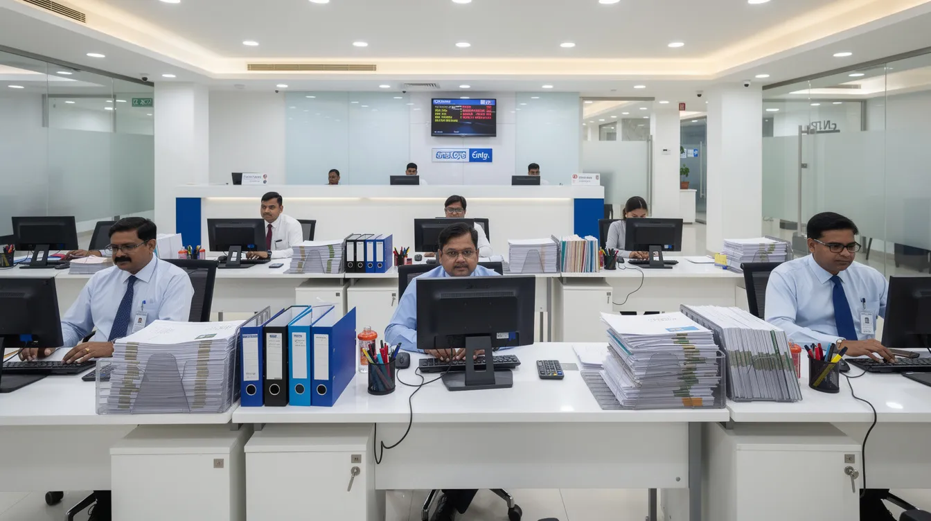 39137f0f 6f43 418e bdb9 86c34f4339ab The image depicts the interior of an Indian bank branch, where officers are diligently working at their desks amidst neatly stacked files. This setting reflects a financial institution focused on providing assistance for business loans, including mudra loans for eligible borrowers and micro enterprises.