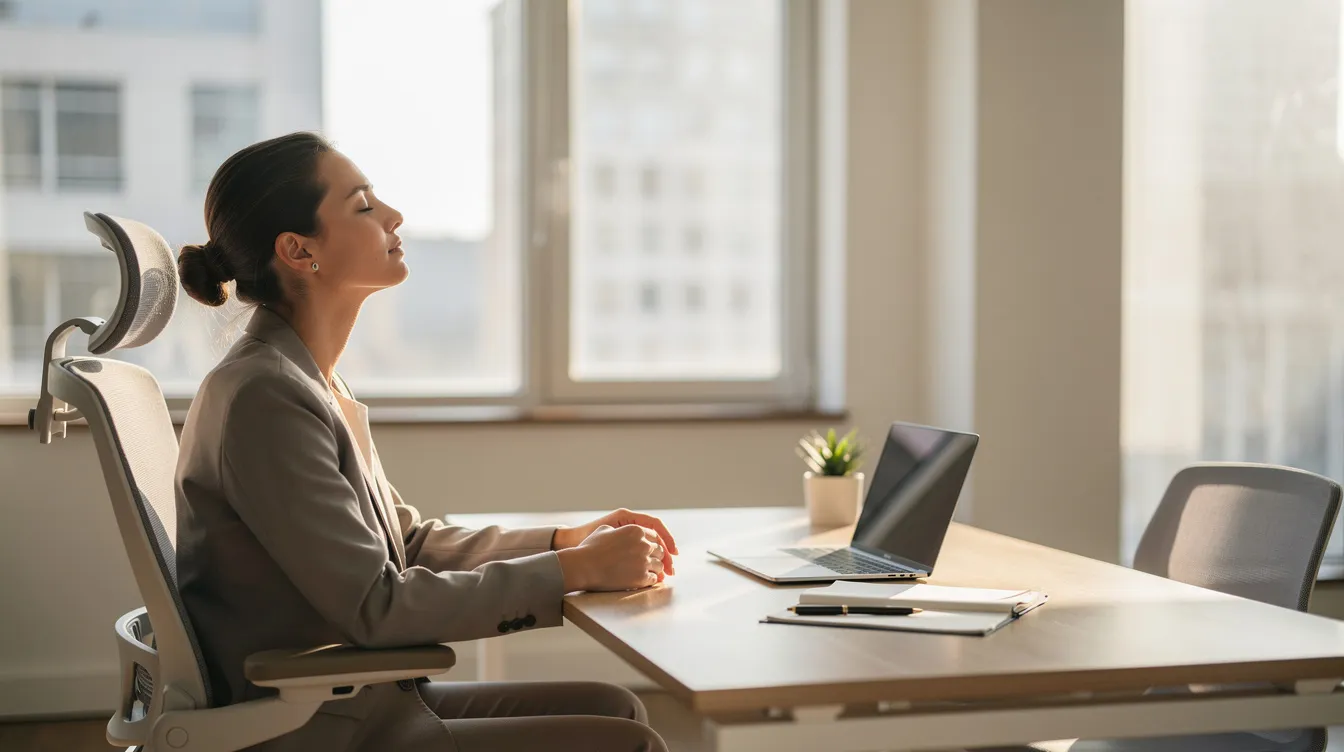 Une personne respire calmement à son bureau moderne, baigné de lumière naturelle, illustrant l'importance de la gestion des émotions au travail pour favoriser le bien-être et réduire le stress. Cette scène met en avant un environnement propice à la concentration et à la sérénité, essentiel pour maintenir une bonne santé mentale dans le milieu professionnel.