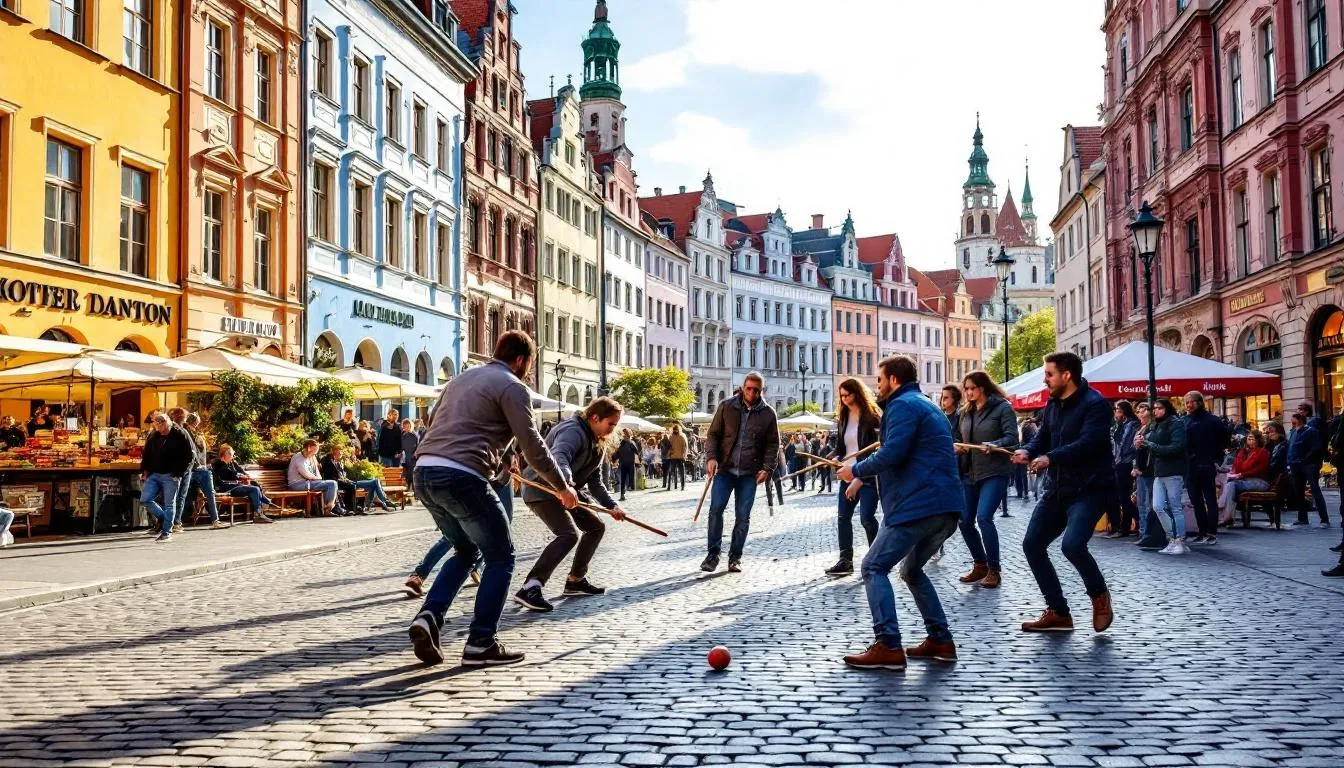 Na warszawskim Starym Mieście grupa ludzi uczestniczy w grze miejskiej, angażując się w ciekawe wyzwania i zagadki, które oferują świetną zabawę w przestrzeni miejskiej. Uczestnicy, podzieleni na drużyny, eksplorują detale architektoniczne, tworząc niezapomnianą przygodę w formie gier terenowych.