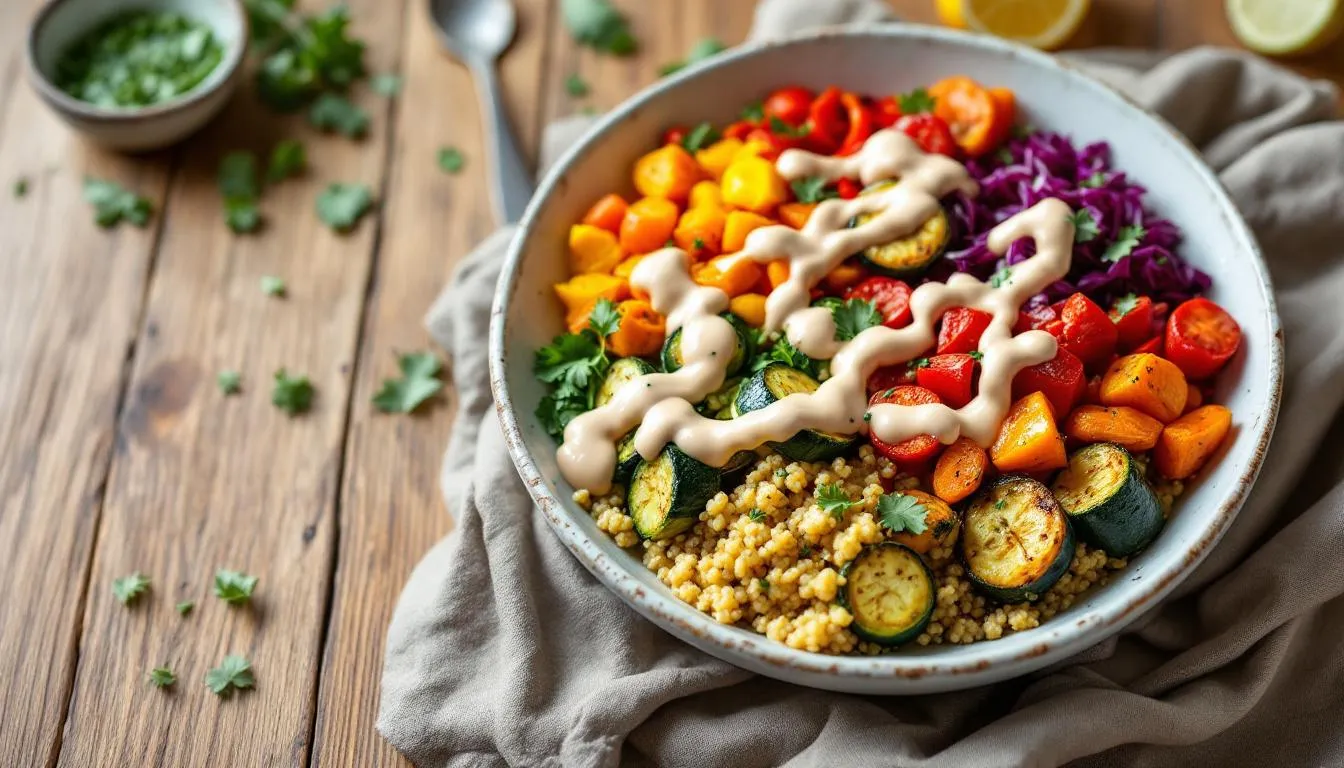 A beautifully arranged Buddha bowl features a vibrant mix of colorful roasted vegetables, fluffy quinoa, and a creamy tahini dressing, showcasing a healthy food menu option that is both delicious and visually appealing. This dish is packed with nutrients, making it a great choice for a filling and nutritious meal.