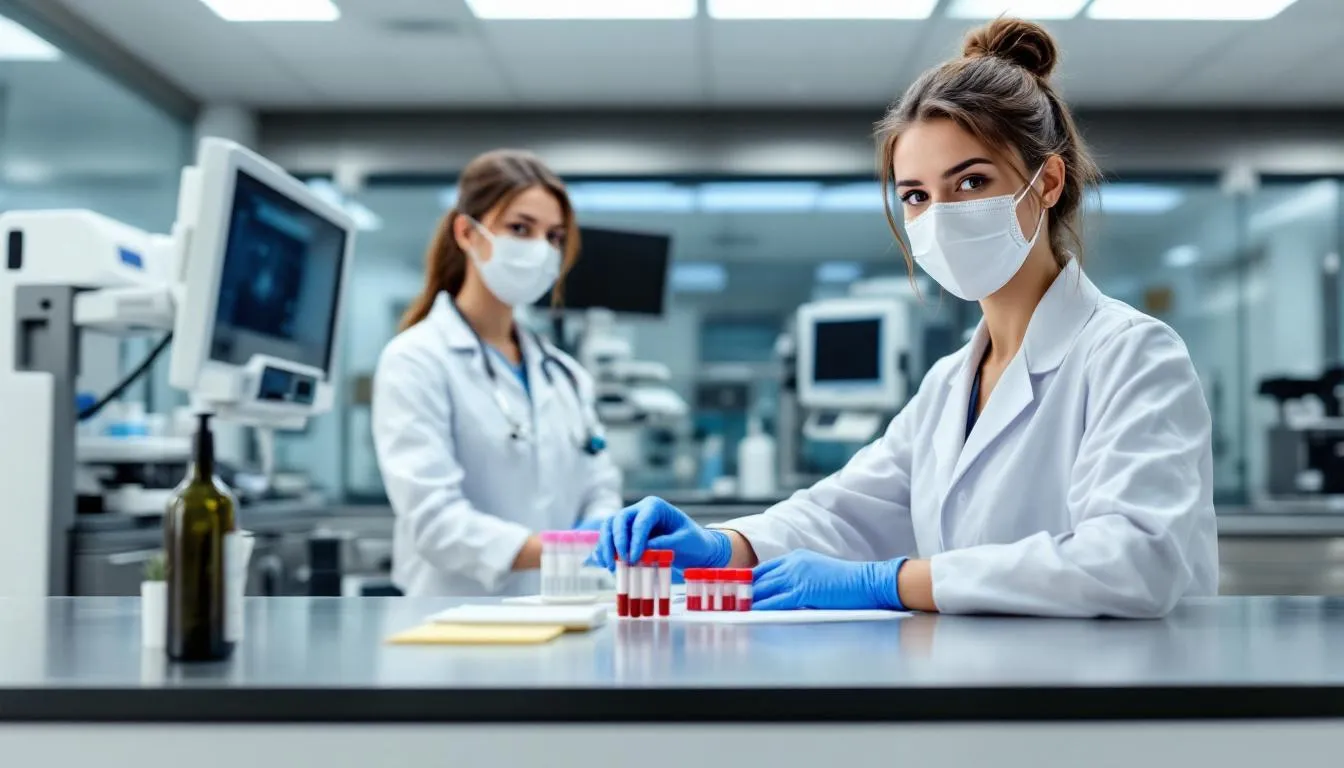 In a modern veterinary clinic, a veterinary technician is carefully preparing blood samples for laboratory analysis, ensuring accurate testing for conditions such as lymphoma in dogs. The technician