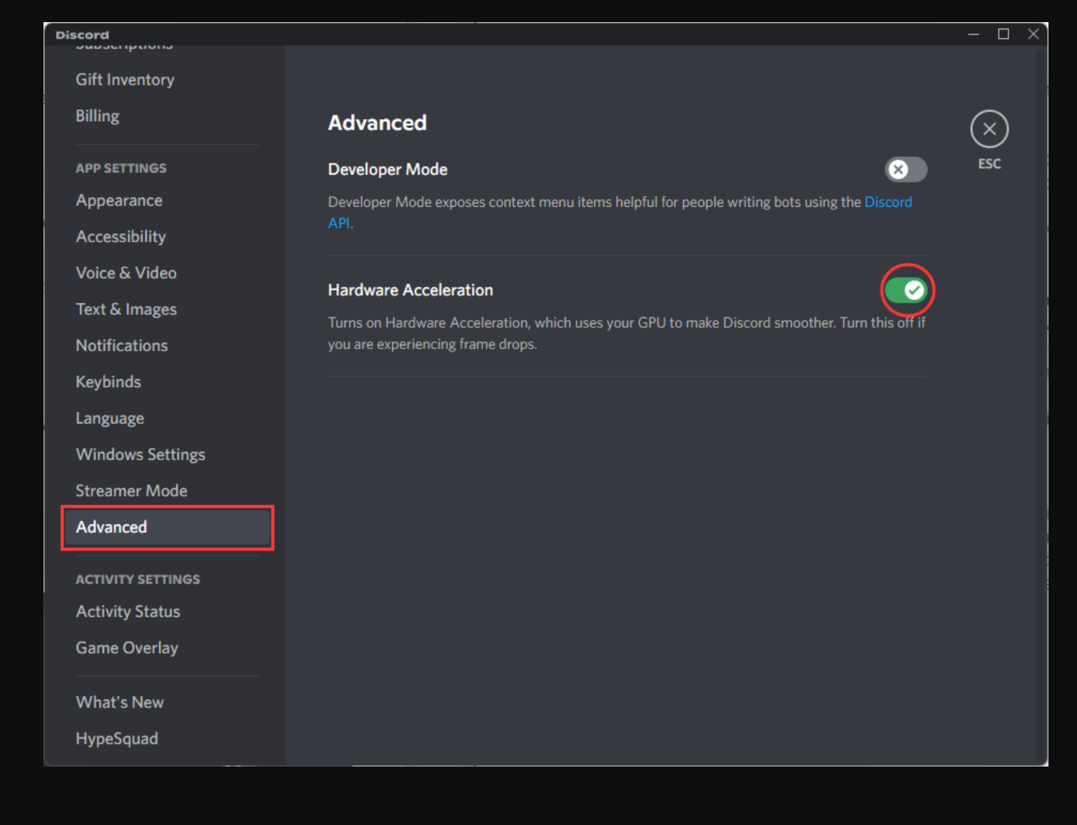 Discord advance settings screen