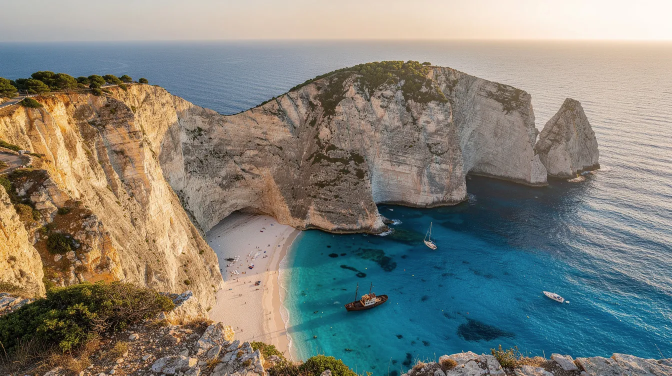 A imagem mostra a ilha de Zakynthos, localizada no Mar Egeu, com suas águas cristalinas e montanhas cobertas de vegetação. Ao fundo, é possível ver a famosa praia de Navagio, cercada por falésias brancas, criando um cenário deslumbrante típico das ilhas jônicas.